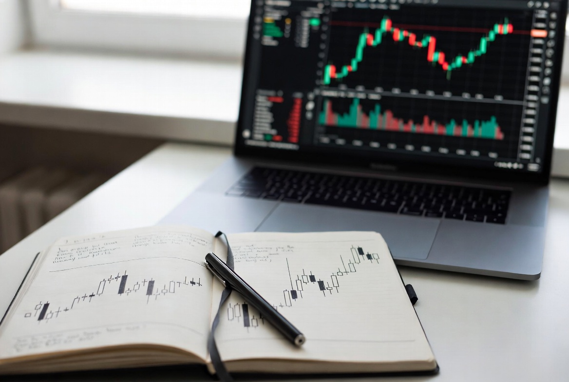 Open trading journal notebook with hand-drawn charts beside a laptop showing a trading platform