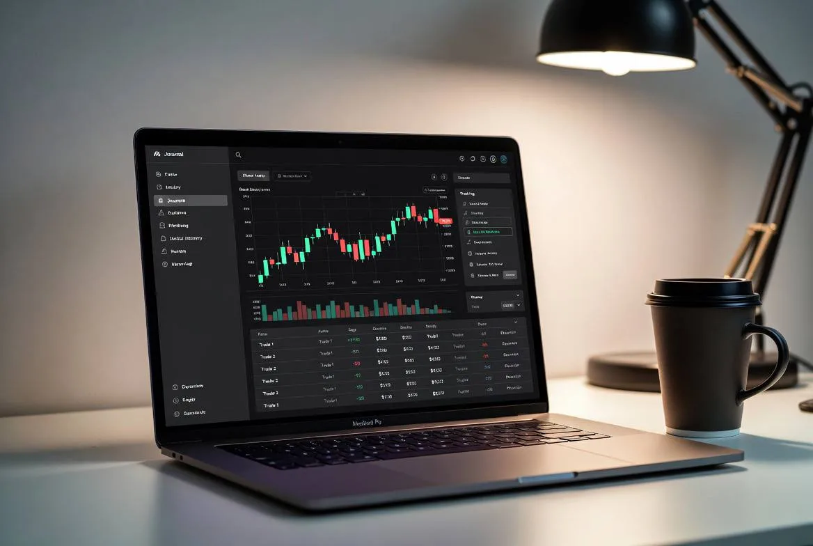 MacBook Pro showing a trading journal app with candlestick charts on screen